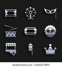 Set Circus ticket, Firework rocket, Jester hat with bells, Clown head, Fast street food cart, Drum drum sticks, Festive mask and  icon. Vector