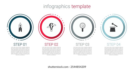 Definir bilhete Circus, balão de ar quente, Lollipop e Magic chapéu e varinha. Modelo de infográfico comercial. Vetor