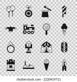 Set Circus ticket, Hotdog sandwich, Ice cream in waffle cone, Magic hat wand, Toy train, Jester with bells, Balloons ribbon and Lollipop icon. Vector