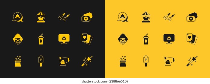 Set Circus ticket, Ice cream, tent, Cannon, Paper glass with water, Dart arrow,  and Attraction carousel icon. Vector
