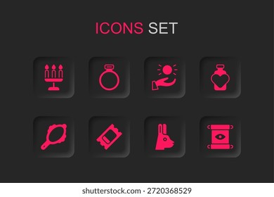 Conjunto de boleto de circo, anillo de piedra mágica, candelabro, conejo con orejas, botella de poción de amor, pergamino, bola levitando sobre la mano y el icono de espejo. Vector