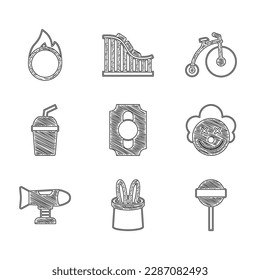 Set Circus ticket, Magician hat and rabbit ears, Lollipop, Clown head, Swing plane, Paper glass with water, Vintage bicycle and fire hoop icon. Vector