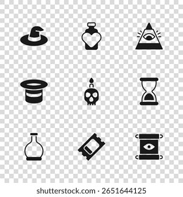Set Circus ticket, Old hourglass, Magic scroll, Burning candle on skull, All-seeing eye of God, Witch hat, Bottle with love potion and  icon. Vector