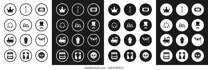Set Circus ticket, Roller coaster, Juggling ball, Jester hat with bells, Magician, wand, Festive mask and Toy train icon. Vector