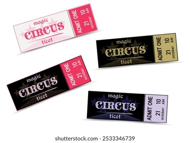 Set of circus ticket templates. Colorful tickets with stars. Vector illustration on white background