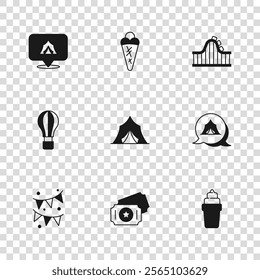 Set Circus ticket, tent, Ice cream in waffle, Roller coaster,  and Hot air balloon icon. Vector