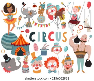 Set of circus vector illustrations on white background. Circus hand drawn elements. Balloons, acrobat, circus tent, dog, elephant, clown, rabbit in the hat, parrot, popcorn and stars.