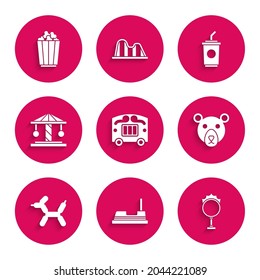 Set Circus wagon, Bumper car, fire hoop, Bear head, Balloon dog, Attraction carousel, Paper glass with water and Popcorn in box icon. Vector