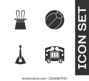 Set Circus wagon, Magician hat and rabbit ears, Balalaika and Beach ball icon. Vector