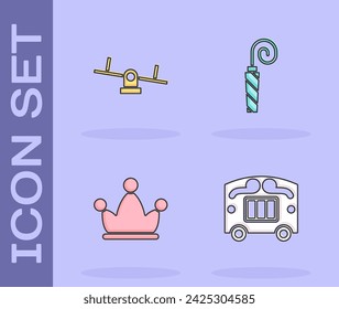 Set Carro de Circo, Costura, Sombrero de bufón con campanas e icono de cuerno de fiesta de cumpleaños. Vector