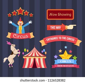 Set of circus welcome. Invitation to activity, event, loud show, presentation and an opening. Greeting and invitation to circus performance, show performance, billboard. Vector illustration isolated.