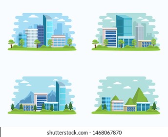 Set of Cities with buildings and nature, urban scenery at sunny day. vector illustration graphic design.