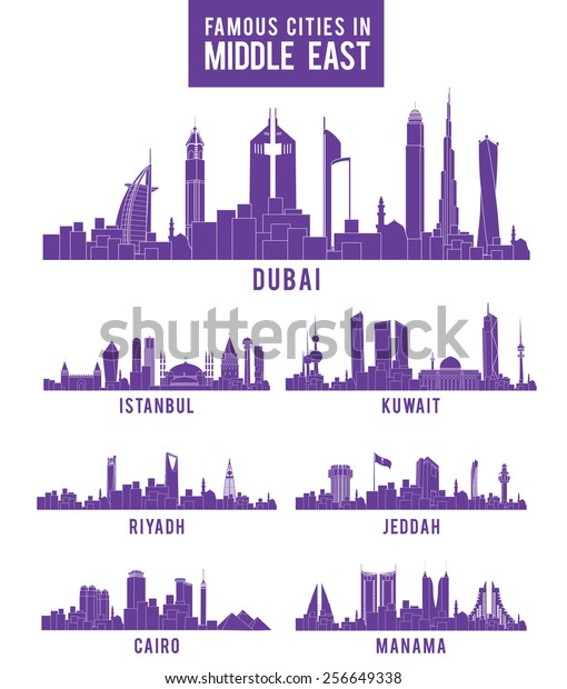 Set Cities Middle East Famous Buildings Stock Vector (Royalty Free