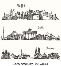 Set of cities, New york, Berlin, Barcelona, engraved vector illustration, hand drawn