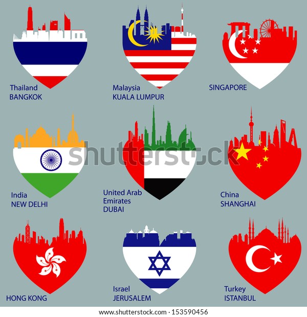 Set Cities Skylines Heart Shape Flags Stock Vector (royalty Free 