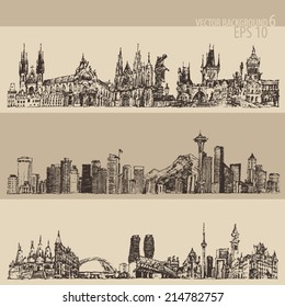 Set of cities skylines (Prague, Toronto, Seattle), vintage engraved illustration, hand drawn, sketch