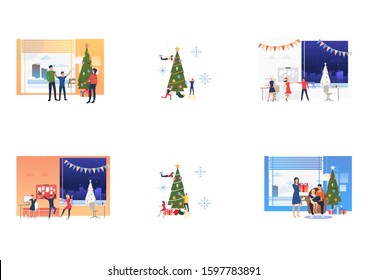 Set of citizens celebrating Christmas and decorating fir tree. Flat vector illustrations of people dancing and spending time at home. Christmas concept for banner, website design or landing web page