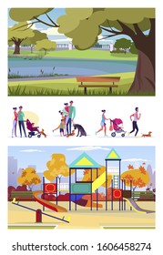 Set of citizens doing various activities. Flat vector illustrations of families resting. Family leisure concept for banner, website design or landing web page