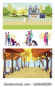 Set of citizens spending time with families. Flat vector illustrations of young people with kids and pets. Family leisure concept for banner, website design or landing web page