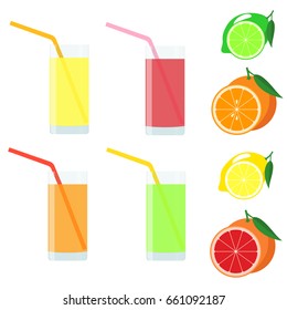 Set of citrus beverages - orange, lemon, lime, grapefruit. Fruit composition. Vector illustration.