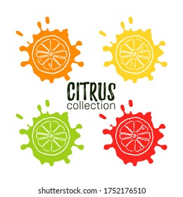 Conjunto de colección de cítricos. Dibujar a mano naranja de silueta, lima, limón, pomelo sobre las modernas manchas de frutas tropicales. Logotipo de comida de verano. concepto de jugo saludable. Forma de icono imprimible aislada
