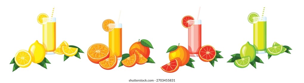 Conjunto de bebidas cítricas en estilo de dibujos animados de limón y lima pomelo