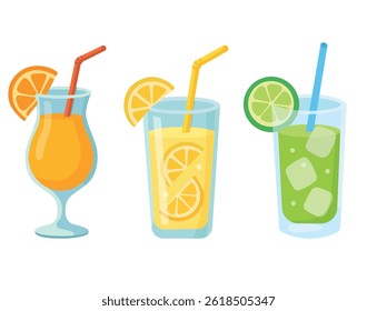 Set of Citrus Drinks – Orange, Lemon, Lime – Vector Flat Design