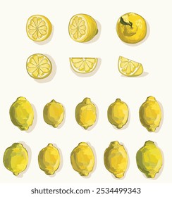 Conjunto de citrinos em diferentes cortes de limão fatia lua forma e diferentes formas de limões ilustração isolada no fundo branco