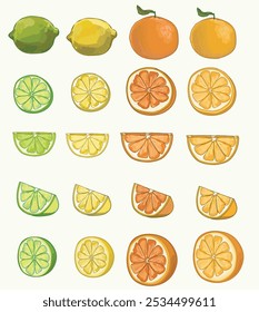 Set of citrus fruit in different cuts 3d lemon slice moon shape and different shapes of fruit  lemons lime orange grapefruit illustration isolated on white background