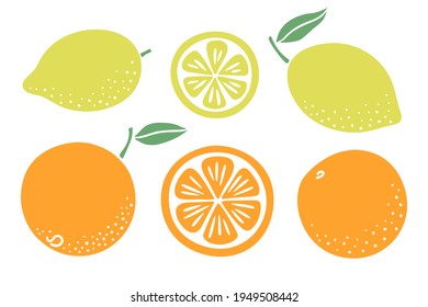 Conjunto de ilustraciones de cítricos. Limón y naranja como rodajas y frutas enteras con tallo y hoja.