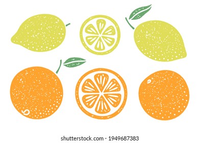 Reihe von Illustrationen zu Zitrusfrüchten. Zitronen und Orangen mit grauer Struktur. Scheiben und ganze Früchte mit Stamm und Blatt.