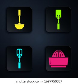 Set Citrus fruit juicer , Kitchen ladle , Spatula  and Spatula . Black square button. Vector