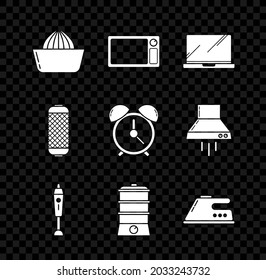 Set Citrus fruit juicer, Microwave oven, Laptop, Blender, Double boiler, Electric iron, Stereo speaker and Alarm clock icon. Vector