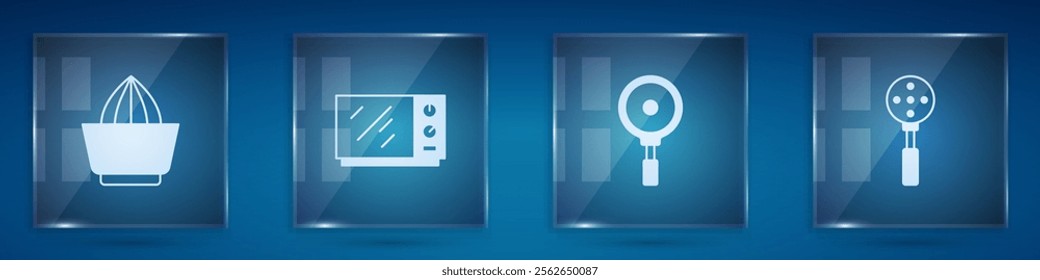 Set Citrus fruit juicer, Microwave oven, Frying pan and Spatula. Square glass panels. Vector