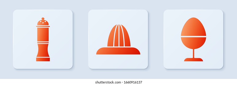 Set Citrus fruit juicer, Pepper and Chicken egg on a stand. White square button. Vector