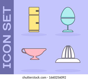 Set Citrus fruit juicer, Refrigerator, Sauce boat and Chicken egg on a stand icon. Vector