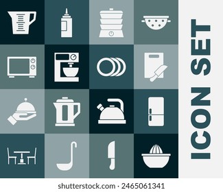 Set Citrus fruit juicer, Refrigerator, Cutting board and knife, Slow cooker, Electric mixer, Microwave oven, Measuring cup and Plate icon. Vector
