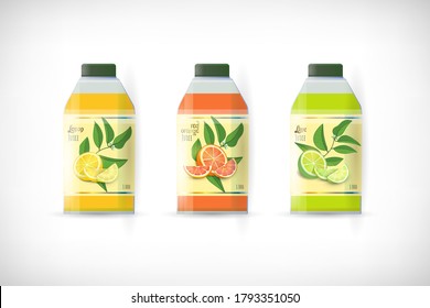 Set of citrus fruit label on full of juice glass bottle mockup. Lemon, orange, lime slice, green leaves, blossom of citrus plant. Plastic container for liquids. Lettering Lemon, Lime, Red Orange Juice