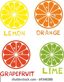 Set of citrus fruit - lemon, orange, grapefruit and lime.