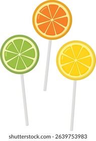 Set of citrus fruit lollipops isolated on white background. Bright round candies on a stick 