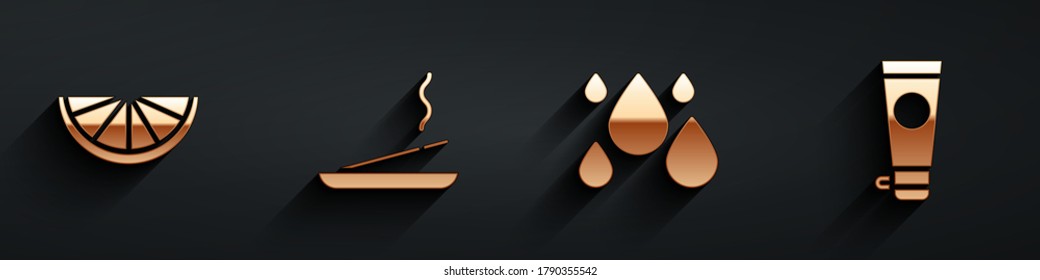 Setzen Sie Zitrusfrüchte, Scented Spa-Stock, Wassertropfen und Creme oder Lotion Kosmetik-Tube Symbol mit langem Schatten. Vektorgrafik