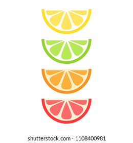Set of citrus fruit slices; lemon, lime, orange and grapefruit. Vector graphic summer fruit icons.