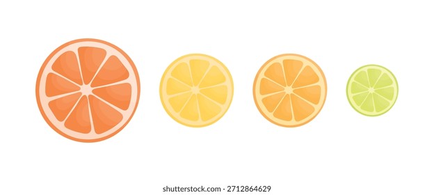 Eine Reihe von Zitrusfruchtscheiben auf weißem Hintergrund. Scheiben von Grapefruit, Zitrone, Orange und Limette.