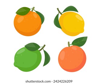 Set of citrus fruits icons. Fresh whole orange, lemon, lime and grapefruit with leaves. Organic fruits for juice, smoothie or vitamin C healthy food. Vector illustration isolated on white background.