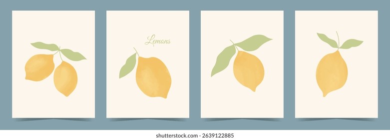 Set of citrus fruits posters. Contemporary print with hand drawn lemon and leaves. Dolce vita aesthetic. Italian summer vacation. Vector design for menu, card, banner, cover