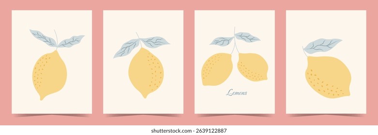 Set of citrus fruits posters. Contemporary print with hand drawn lemon and leaves. Dolce vita aesthetic. Italian summer vacation. Vector design for menu, card, banner, cover