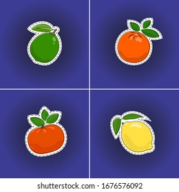 Set of citrus fruits sticker on a purple violet pop art halftone background, lime and orange, mandarin and lemon, pins or patches, retro style, vector illustration