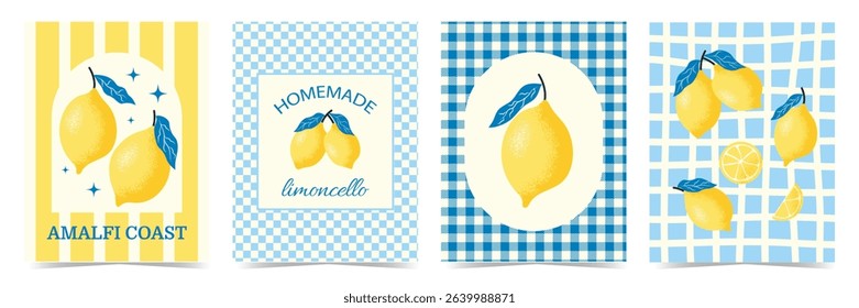 Set of citrus fruits vertical posters. Summer print with hand drawn lemon and leaves. Mediterranean Dolce vita aesthetic. Elegant design for menu, card, banner, cover
