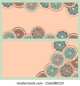 Set of citrus horizontal banners. Vector illustration with citrus fruits. Lemon, orange posters. Cartoon banners with citrus cutted in slices. 