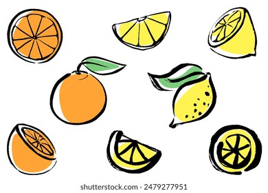 Set of citrus illustrations of orange and lemon with a touch of brush